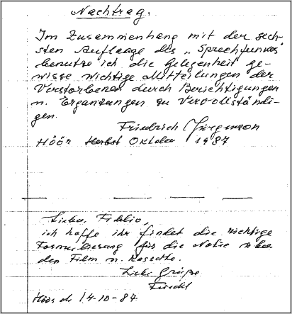 Scan eines handschriftlichen Briefes von Friedrich Jürgenson mit Datum 14. Oktober 1984